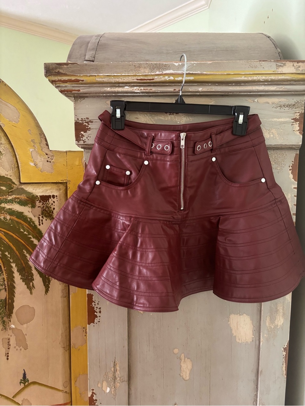 Pilcro Burgundy Faux Leather Flared Mini Skirt - Picture 2 of 11